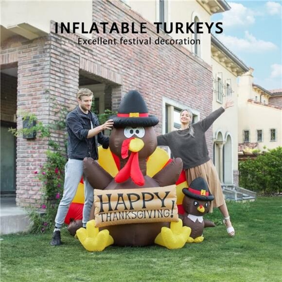6ft Height Happy Thanksgiving Inflatable LED Lighted Turkey Family - Picture 2 of 7